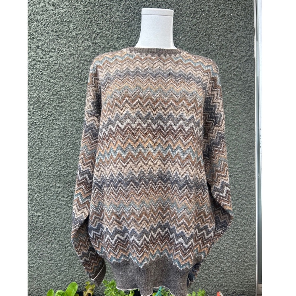 Vintage 90s Tricots St Raphael grandpa Sweater Brown Merino Wool Zig Zag